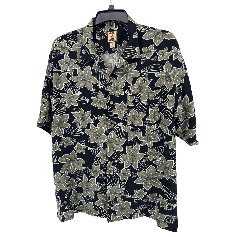 Tommy Bahama XL Silk Black Floral Camp Shirt Mens Short Sleeve Button Up